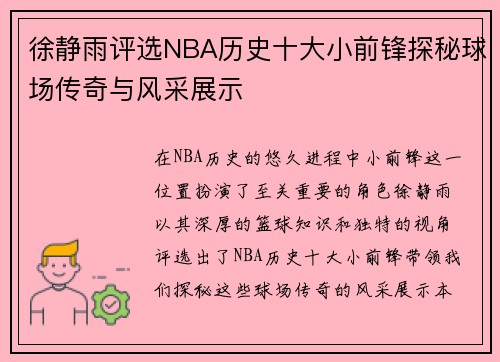 徐静雨评选NBA历史十大小前锋探秘球场传奇与风采展示