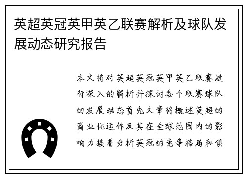 英超英冠英甲英乙联赛解析及球队发展动态研究报告