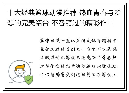 十大经典篮球动漫推荐 热血青春与梦想的完美结合 不容错过的精彩作品